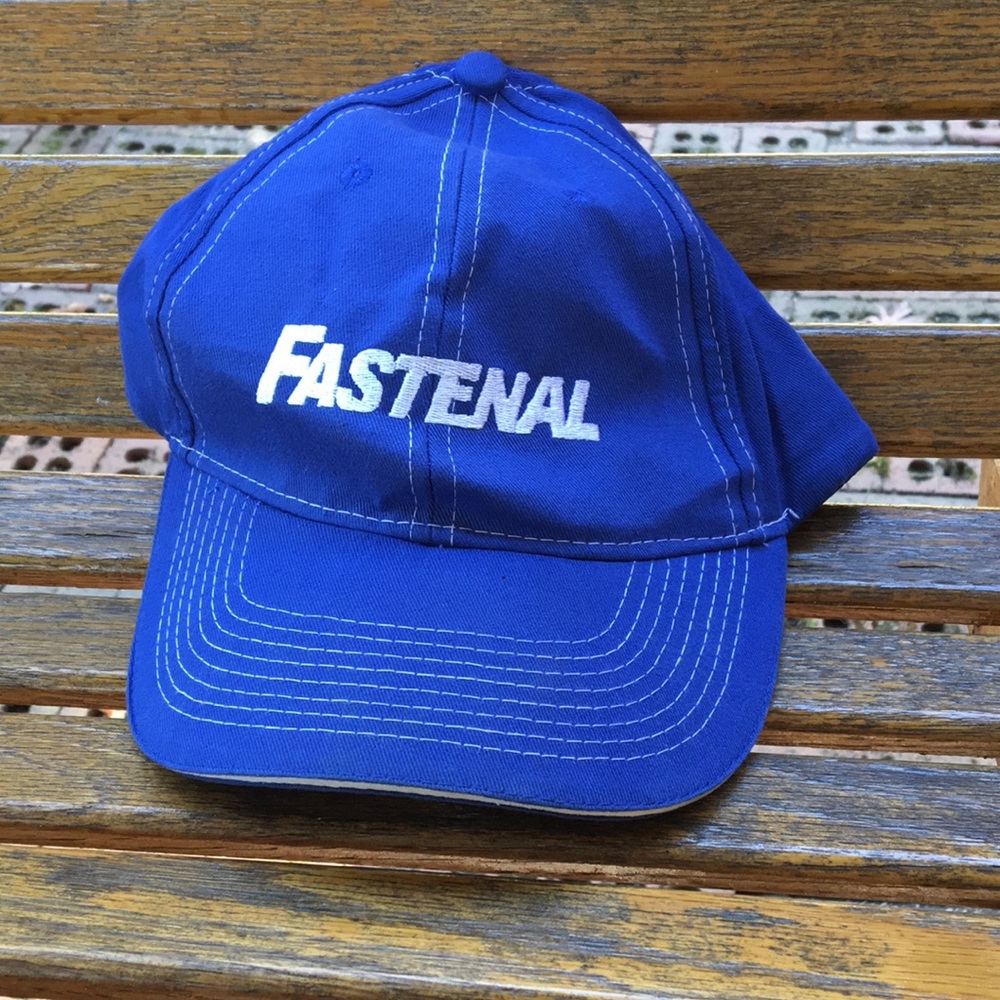 Blue Fastenal promotional hat full 6 panel with adjustable Velcro back strap